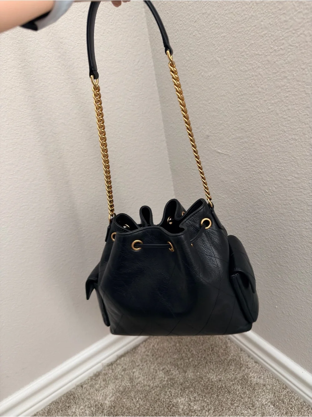 Tory Burch Charlie Quilted Leather Drawstring Shoulder Bag - Black with Wallet